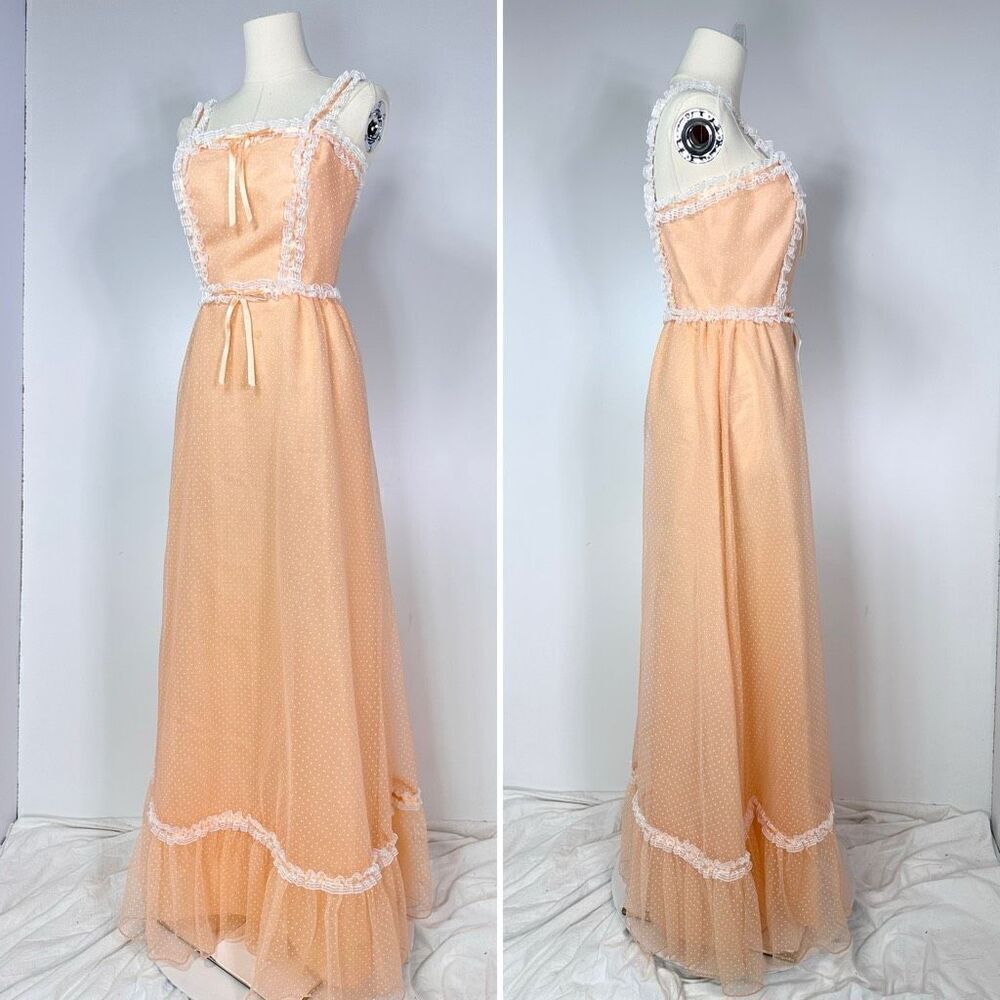 Vtg 70s Dance Allure Chiffon Lace Maxi Dress Size XS  Peach Prom Coquette Fairy.